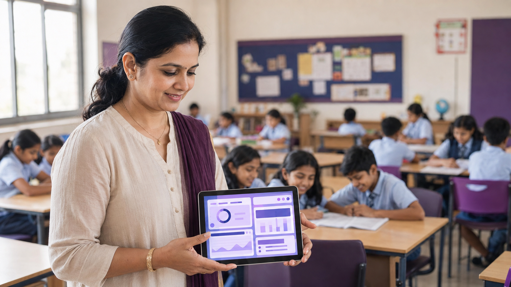 Teacher reviewing school management software on a tablet in a classroom